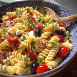 Italian Pasta Salad served in rustic ceramic bowl