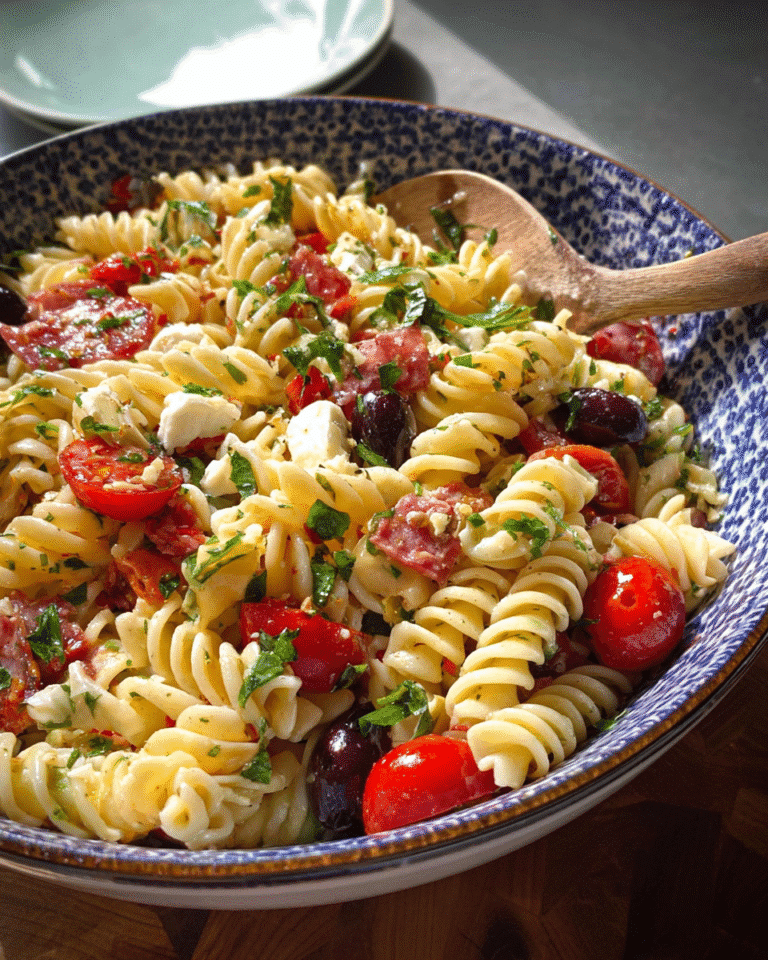 Italian Pasta Salad served in rustic ceramic bowl
