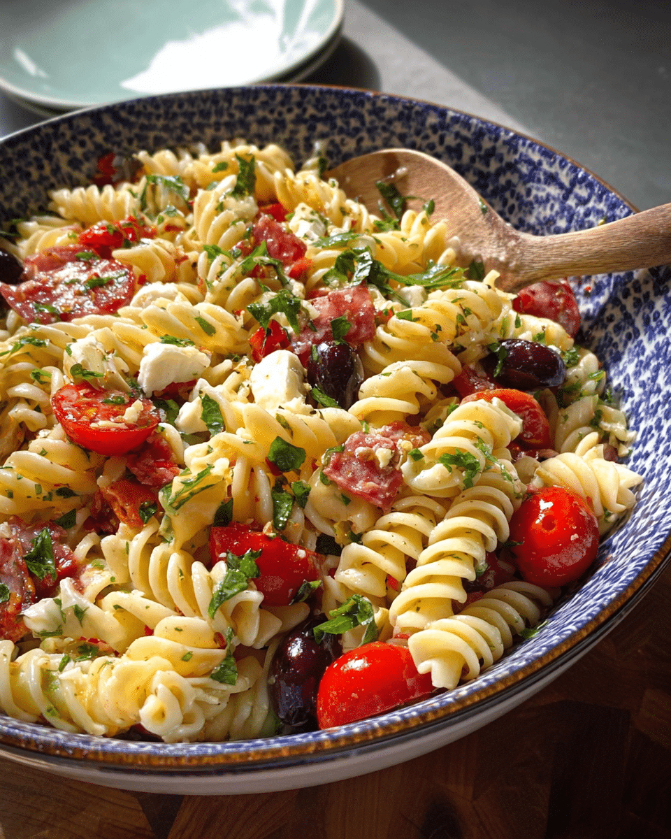 Italian Pasta Salad served in rustic ceramic bowl