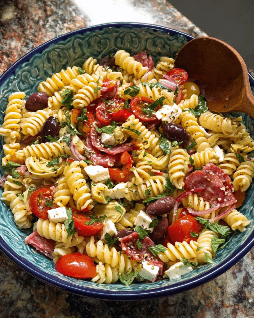 Italian Pasta Salad served in rustic ceramic bowl