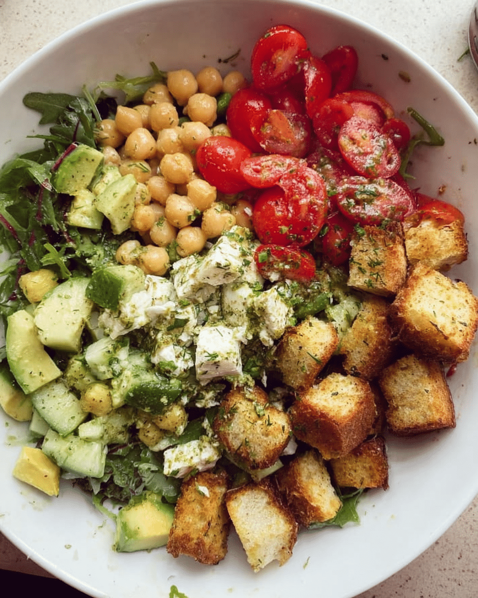 Chickpea salad bowl with vegetables and croutons
