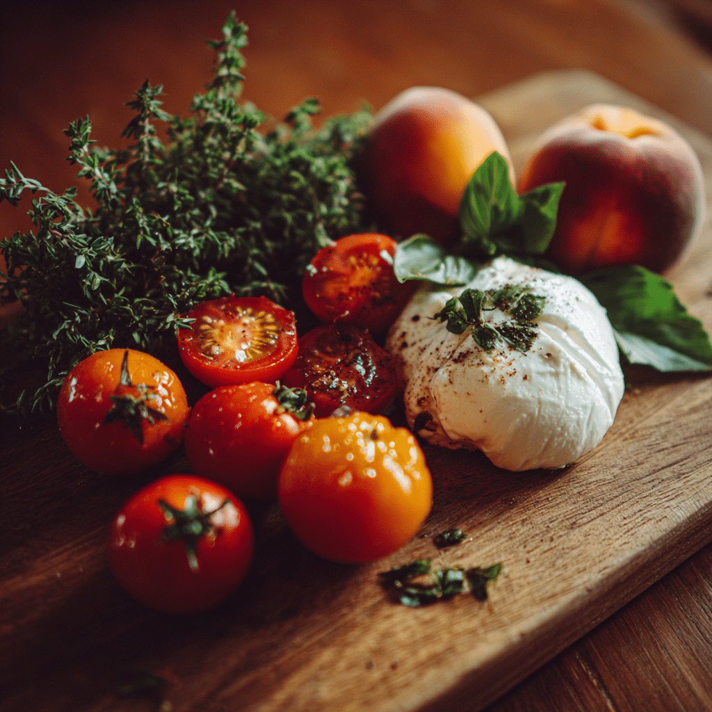 Fresh Ingredients for Tomato, Peach, and Burrata Salad