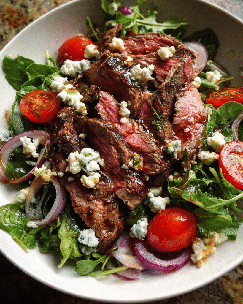 Printable recipe card for grilled steak salad