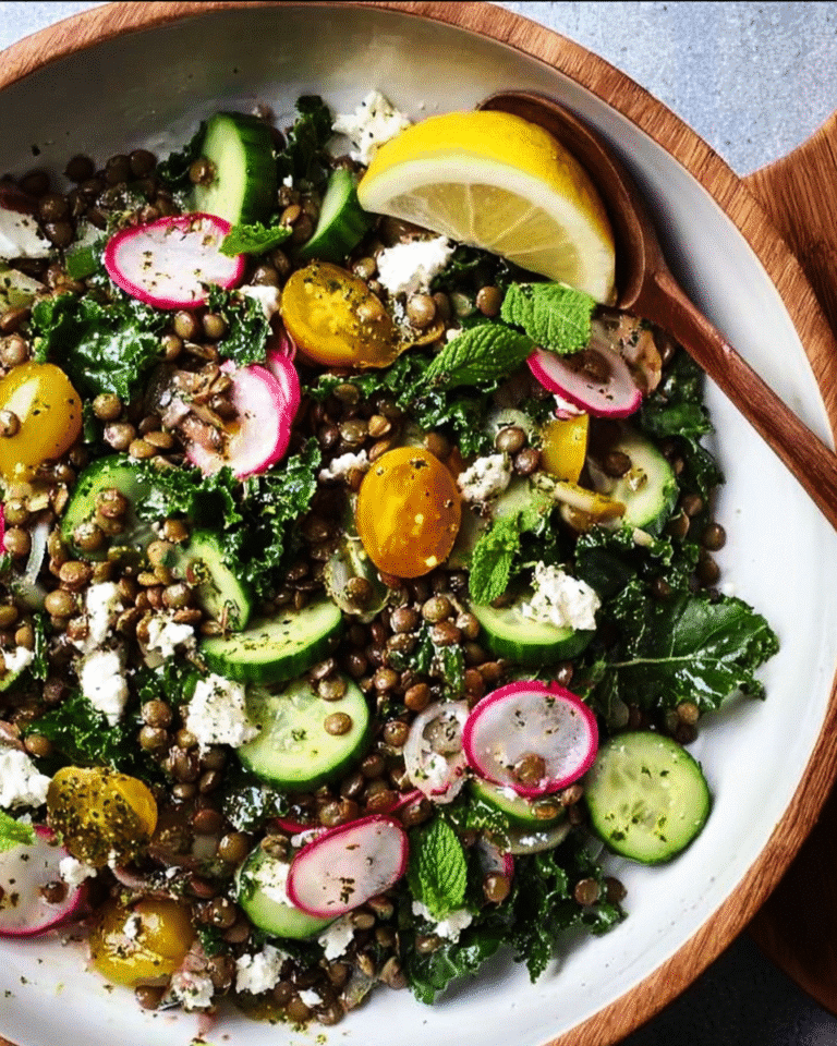 Mediterranean lentil salad in ceramic bowl