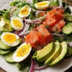 Finished smoked salmon salad ready to serve