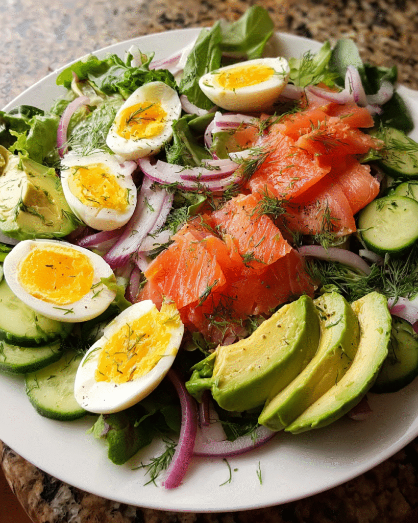 Finished smoked salmon salad ready to serve