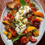 Fresh Tomato, Peach, and Burrata Salad on Ceramic Plate