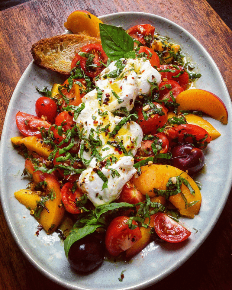 Fresh Tomato, Peach, and Burrata Salad on Ceramic Plate