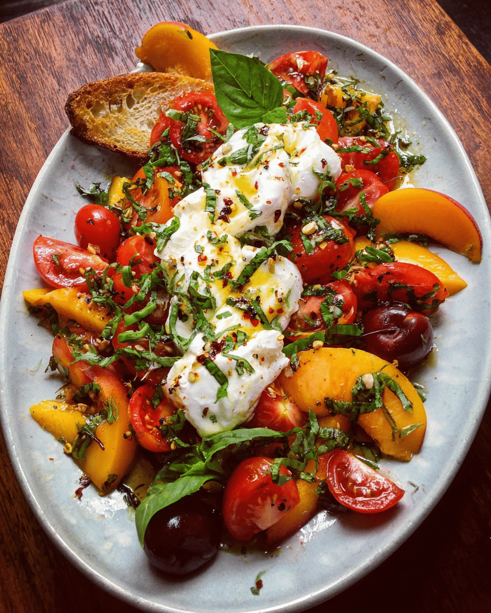 Fresh Tomato, Peach, and Burrata Salad on Ceramic Plate
