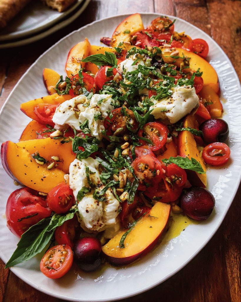 Fresh Tomato, Peach, and Burrata Salad on Ceramic Plate