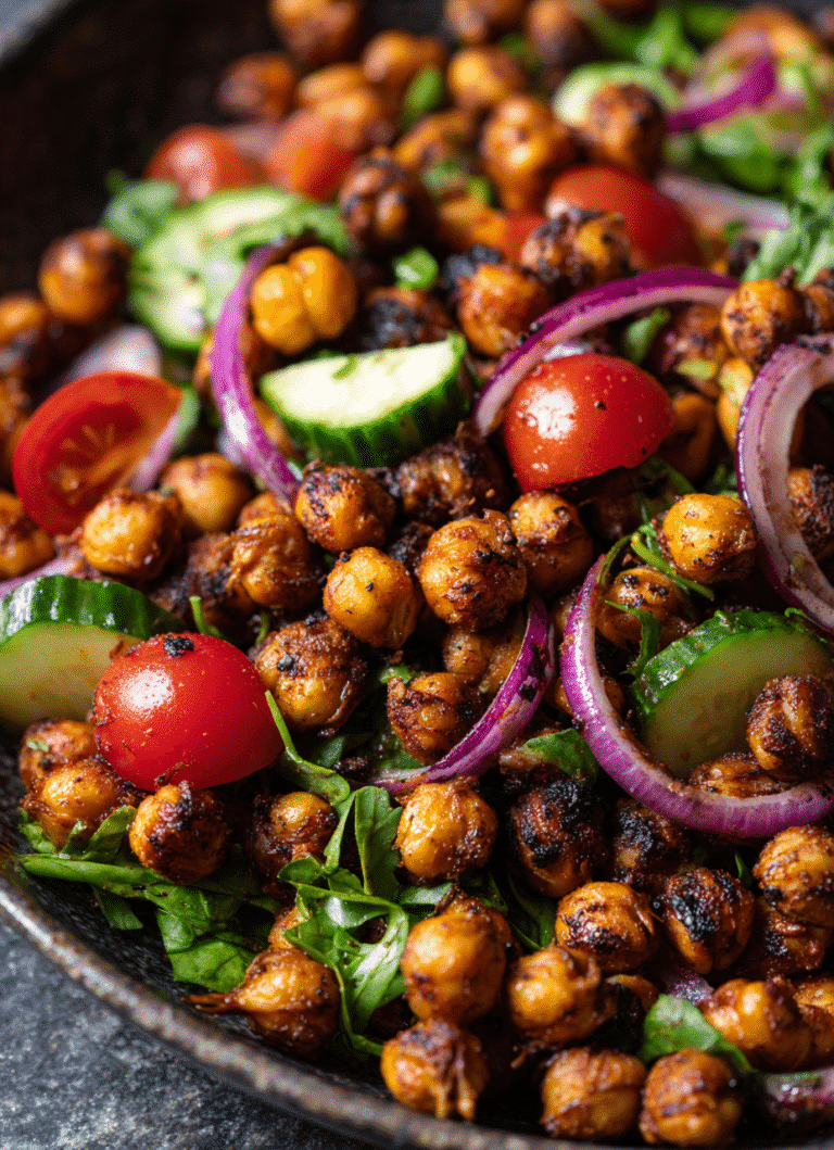 Middle Eastern Chickpea Salad in a bowl with fresh herbs and vinaigrette
