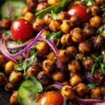 Middle Eastern Chickpea Salad in a bowl with fresh herbs and vinaigrette