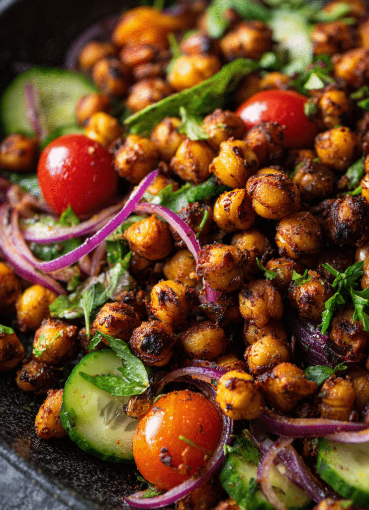 Middle Eastern Chickpea Salad in a bowl with fresh herbs and vinaigrette