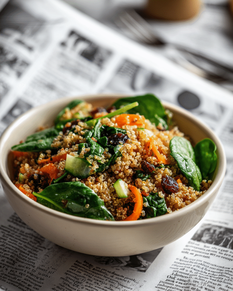 Quinoa Spinach Power Salad in a rustic bowl