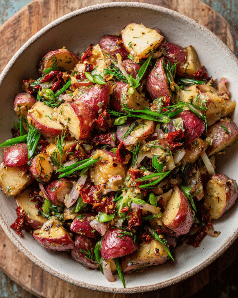 red skinned potato salad served in rustic bowl