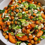 Roasted Sweet Potato Chickpea Feta Salad overhead view