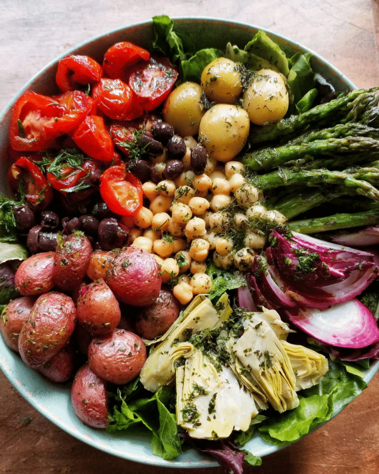 Vegan Nicoise Salad with colorful roasted veggies