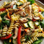 Asian cucumber chicken pasta salad in ceramic bowl