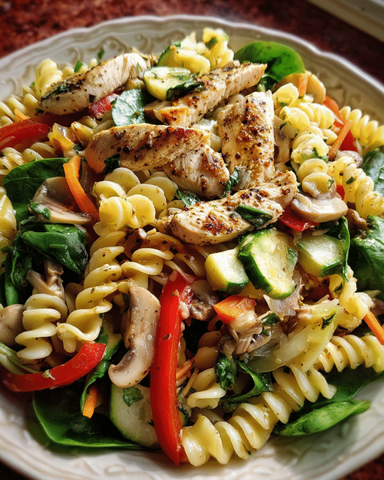 Asian cucumber chicken pasta salad in ceramic bowl