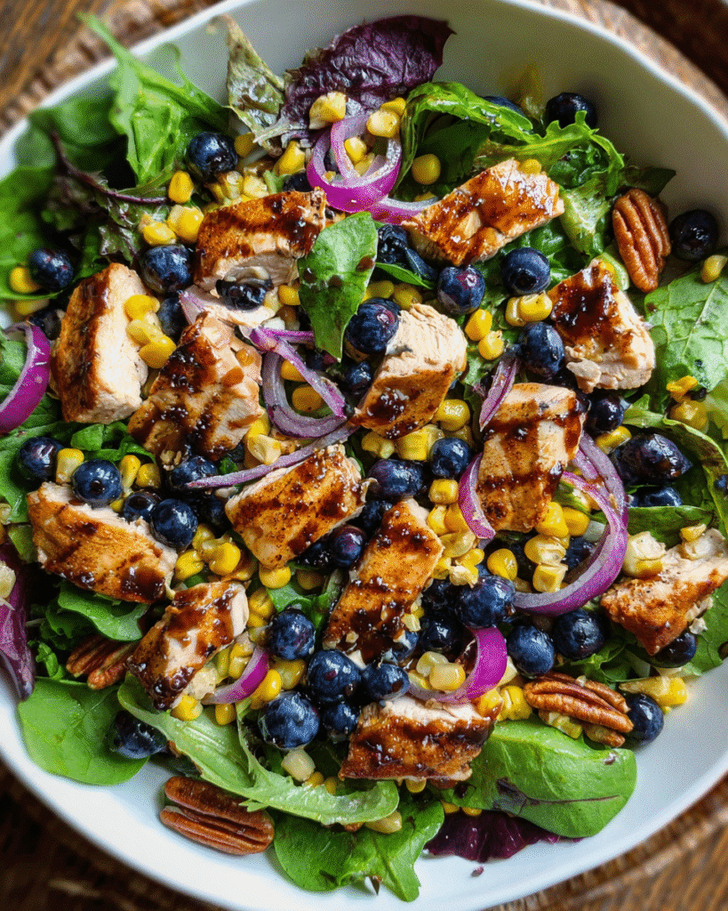 Blueberry Corn Chicken Salad served in a rustic bowl