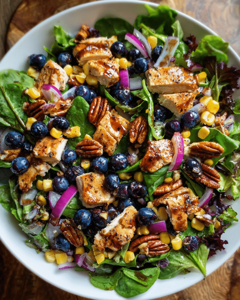 Blueberry Corn Chicken Salad served in a rustic bowl