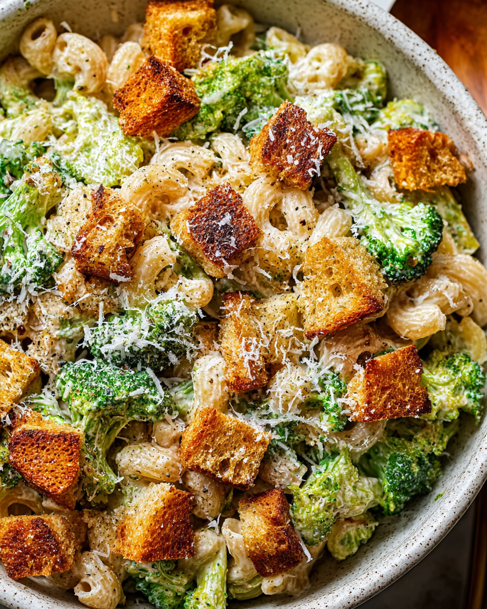 Broccoli Caesar Pasta Salad in rustic bowl