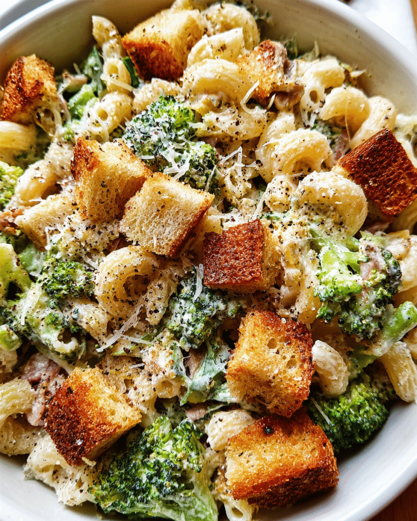 Broccoli Caesar Pasta Salad in rustic bowl