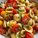 Bruschetta Pasta Salad in rustic bowl