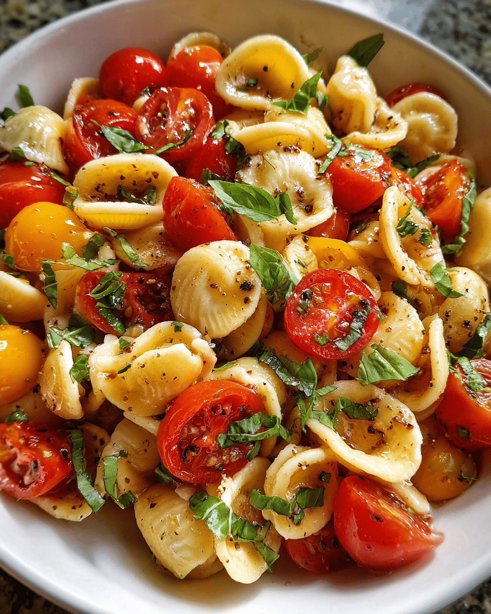 Bruschetta Pasta Salad in rustic bowl