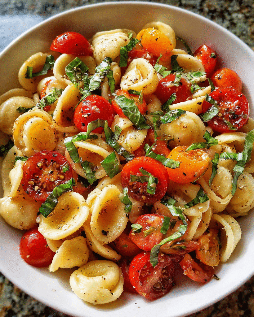 Bruschetta Pasta Salad in rustic bowl