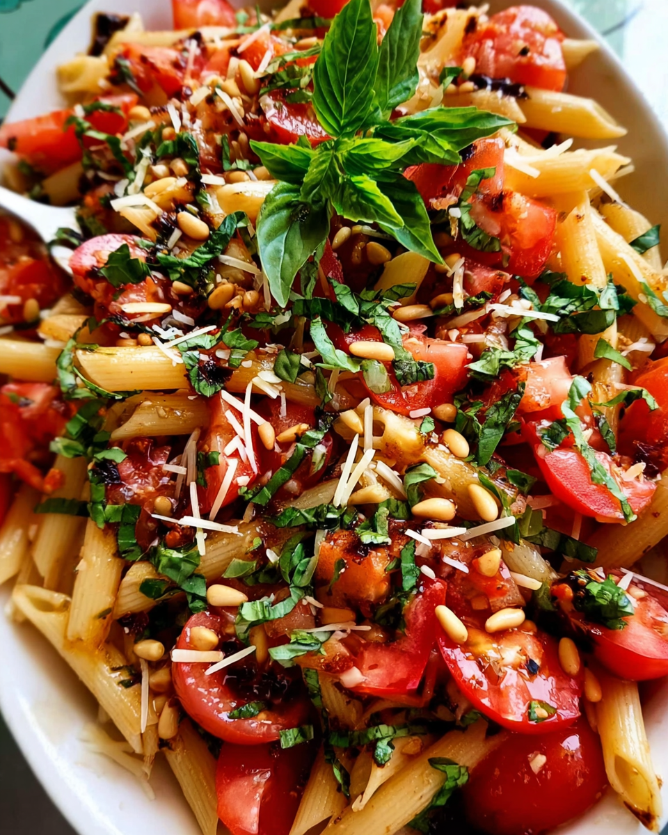 bruschetta summer pasta salad in bowl
