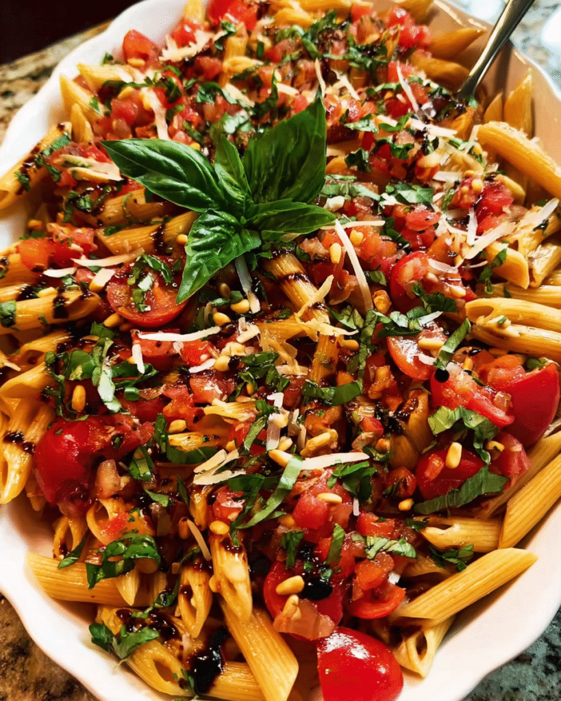 bruschetta summer pasta salad in bowl
