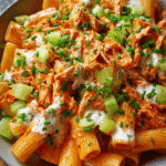 Buffalo Chicken Pasta Salad served in bowl with ranch drizzle