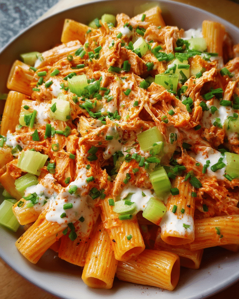 Buffalo Chicken Pasta Salad served in bowl with ranch drizzle