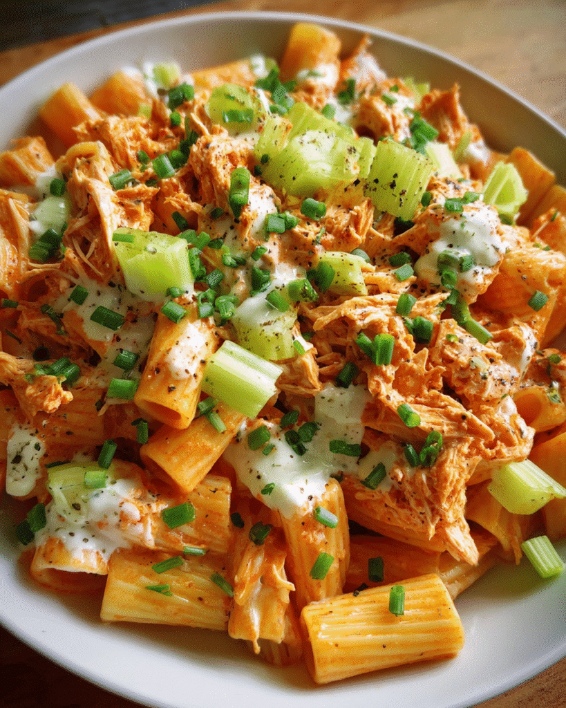 Buffalo Chicken Pasta Salad served in bowl with ranch drizzle