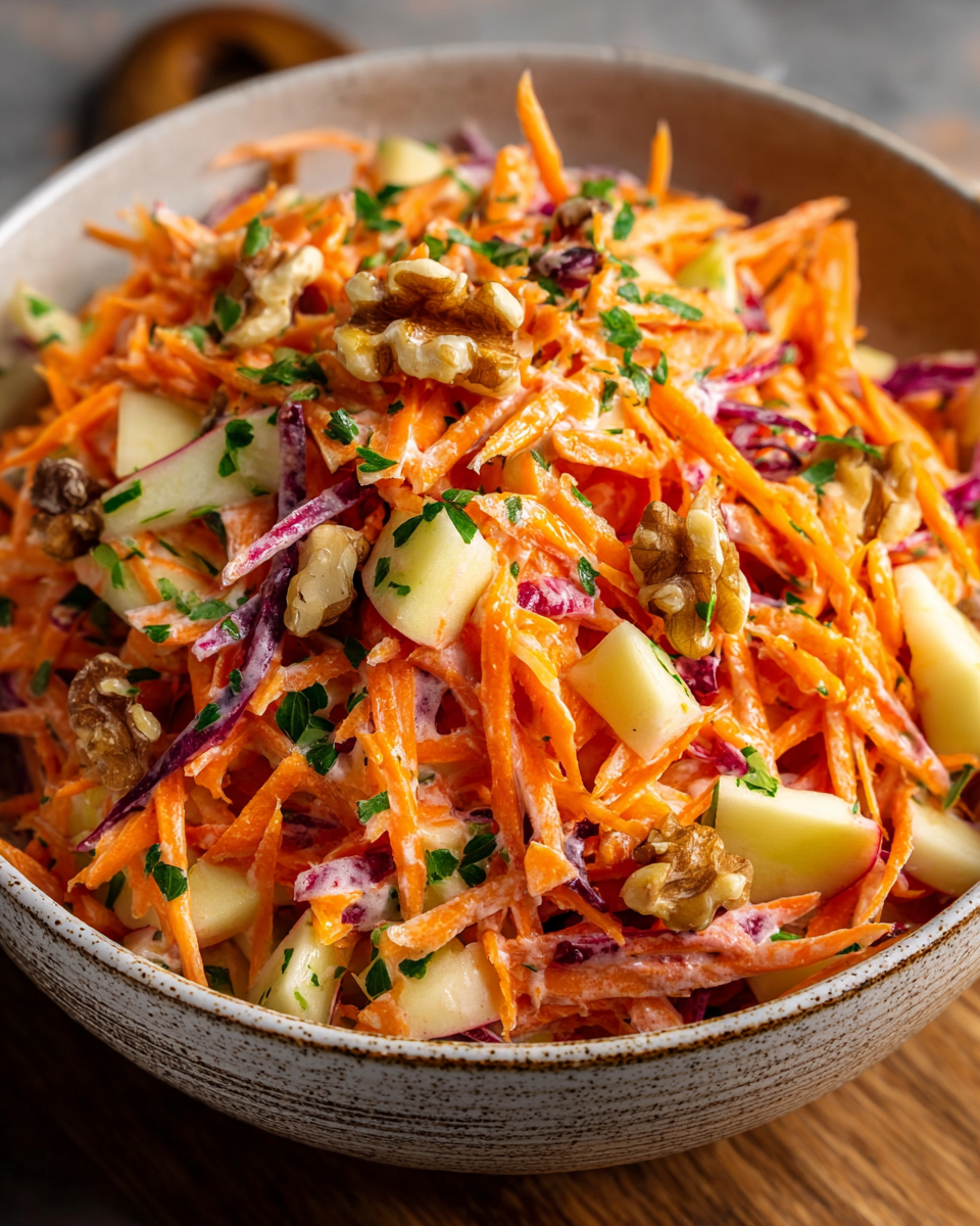 carrot apple salad in ceramic bowl