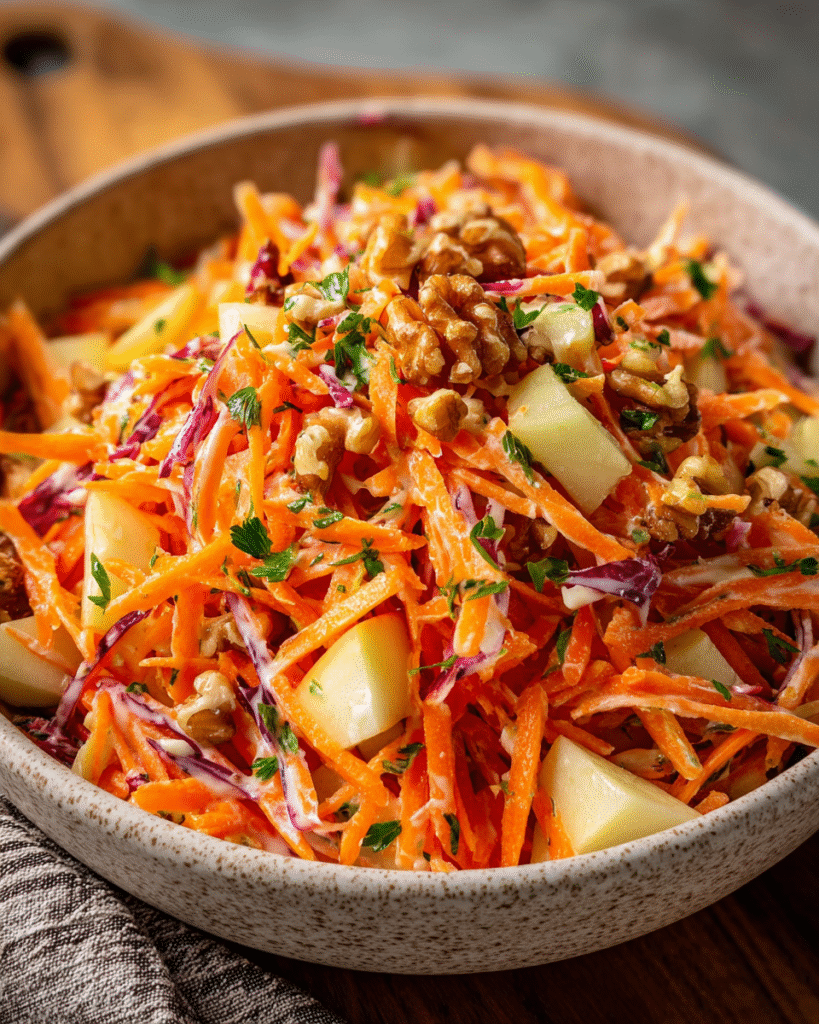 carrot apple salad in ceramic bowl