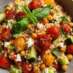 Cherry tomato couscous salad in a ceramic bowl