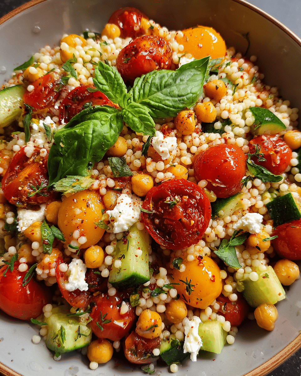Cherry tomato couscous salad in a ceramic bowl