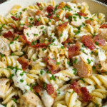 Chicken bacon ranch pasta salad in ceramic bowl
