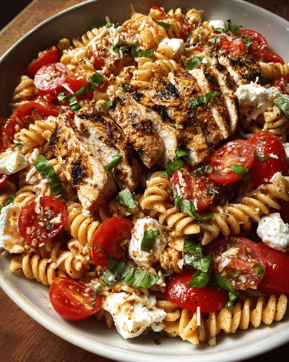 Chicken Caprese Pasta Salad served with basil and balsamic glaze