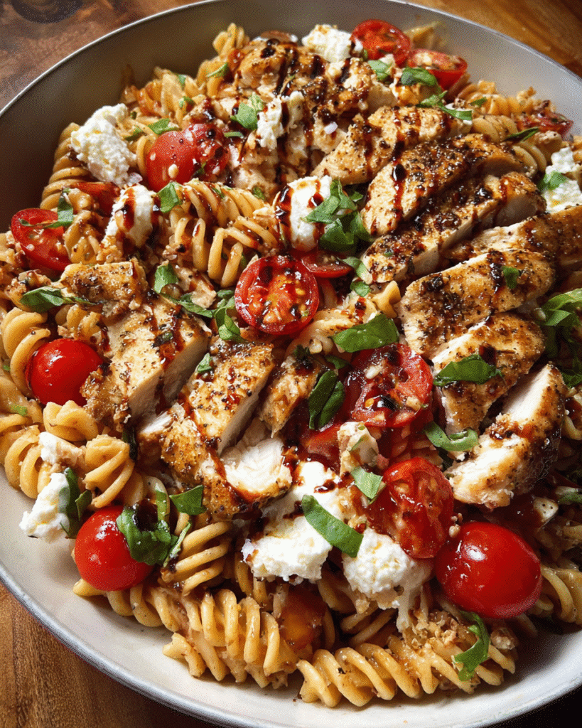 Chicken Caprese Pasta Salad served with basil and balsamic glaze