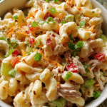 Chicken pasta salad in a rustic bowl