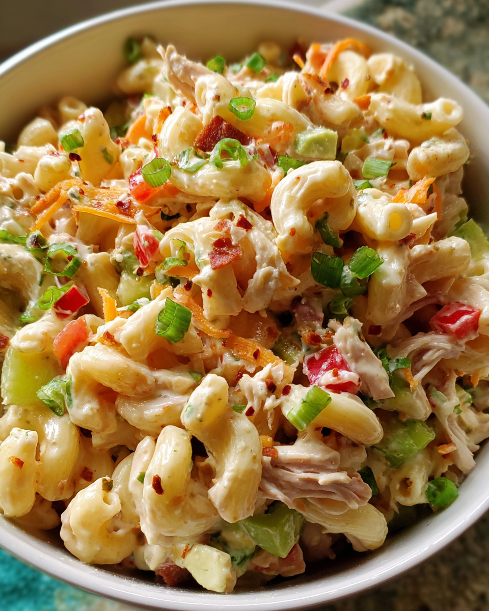 Chicken pasta salad in a rustic bowl