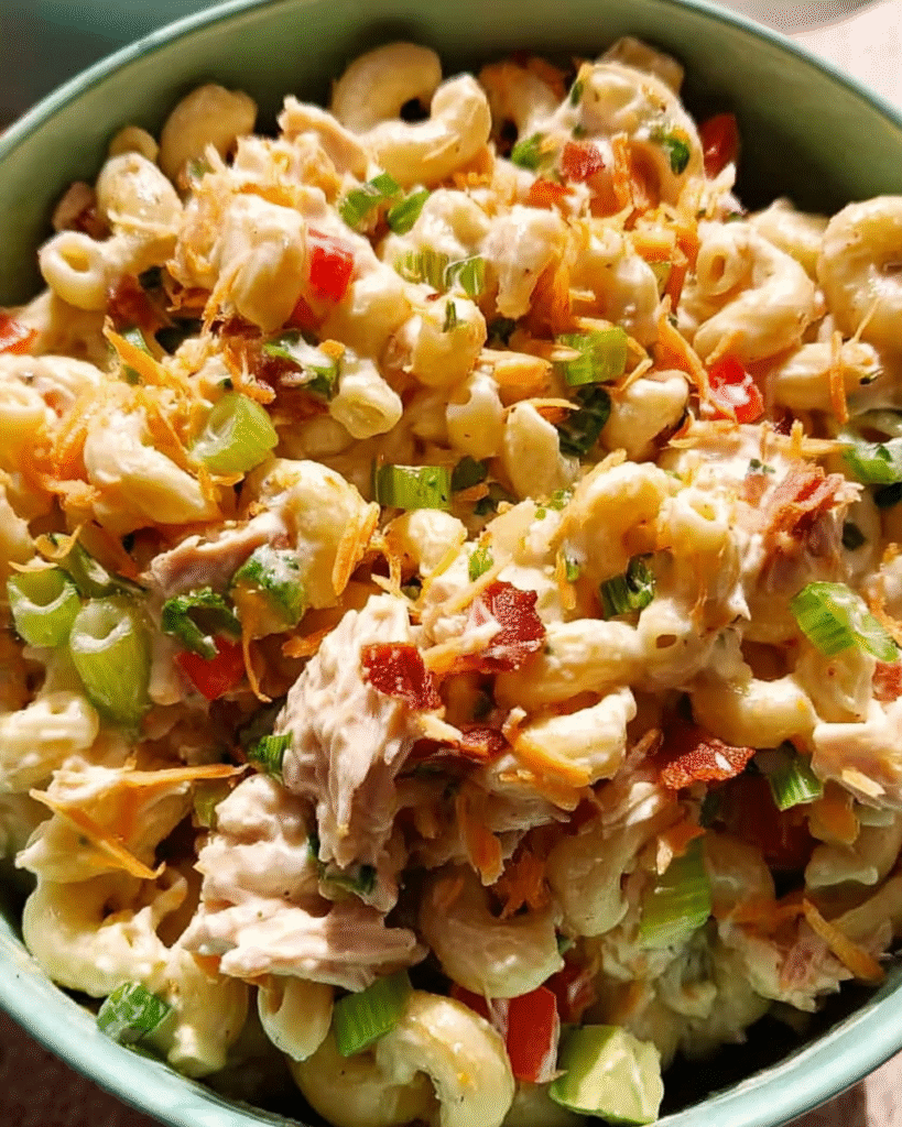 Chicken pasta salad in a rustic bowl