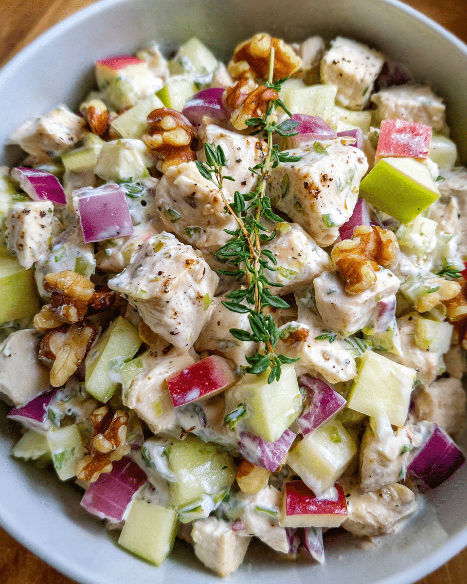 Chicken Waldorf Salad in white bowl