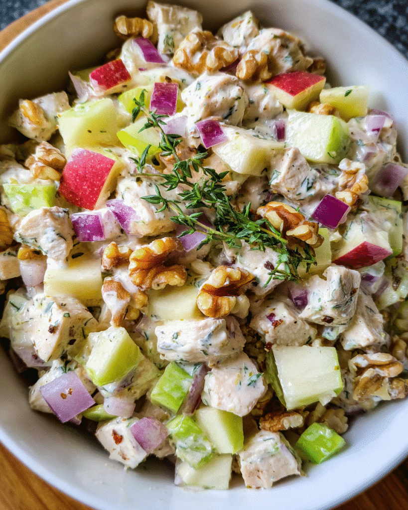 Chicken Waldorf Salad in white bowl