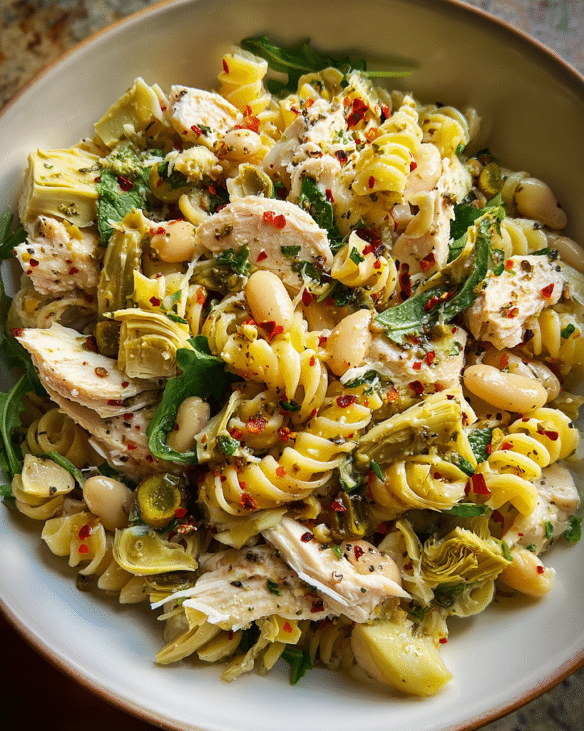 Chicken and Artichoke Pasta Salad in a rustic bowl