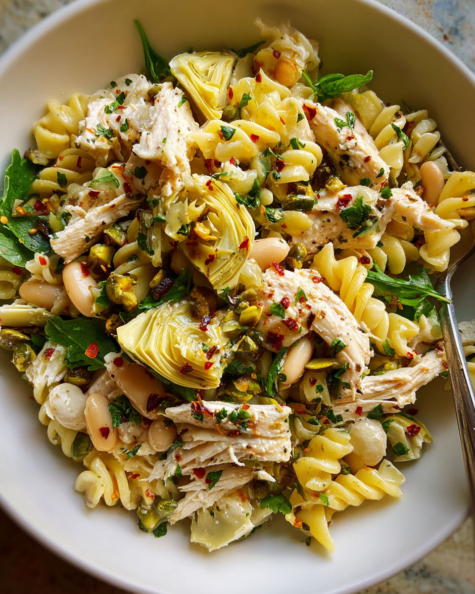 Chicken and Artichoke Pasta Salad in a rustic bowl