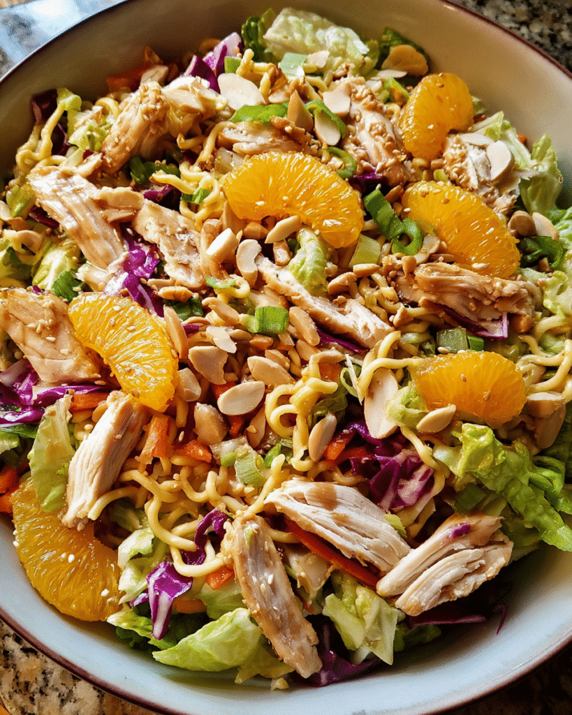 Chinese Chicken Salad in bowl with vibrant ingredients